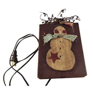Vintage Primitive Wooden Snowman Lamp With Vine Garland 11"x6"x2"
